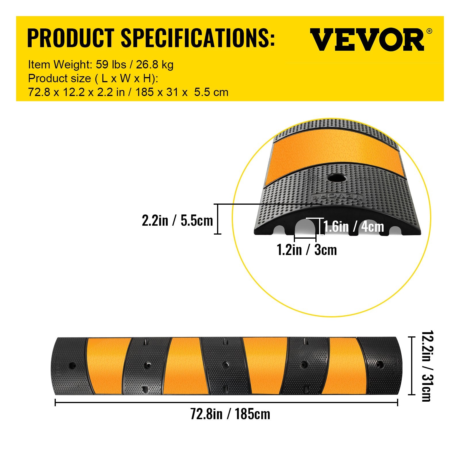 2pcs 6 Feet Rubber Driveway Modular Heavy Duty Speed 72.4 x 12 x 2.4 Inch Cable Protector Ramp for Garage Gravel Roads Asphalt Concrete, 2Pack-6Ft-Speed Bump