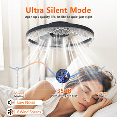 20" Decorative LED Ceiling Fan Light – Modern Flush Mount with Acrylic Ring, Hidden Blades, Remote Control, and Dimmable Light for Stylish Homes (Black)