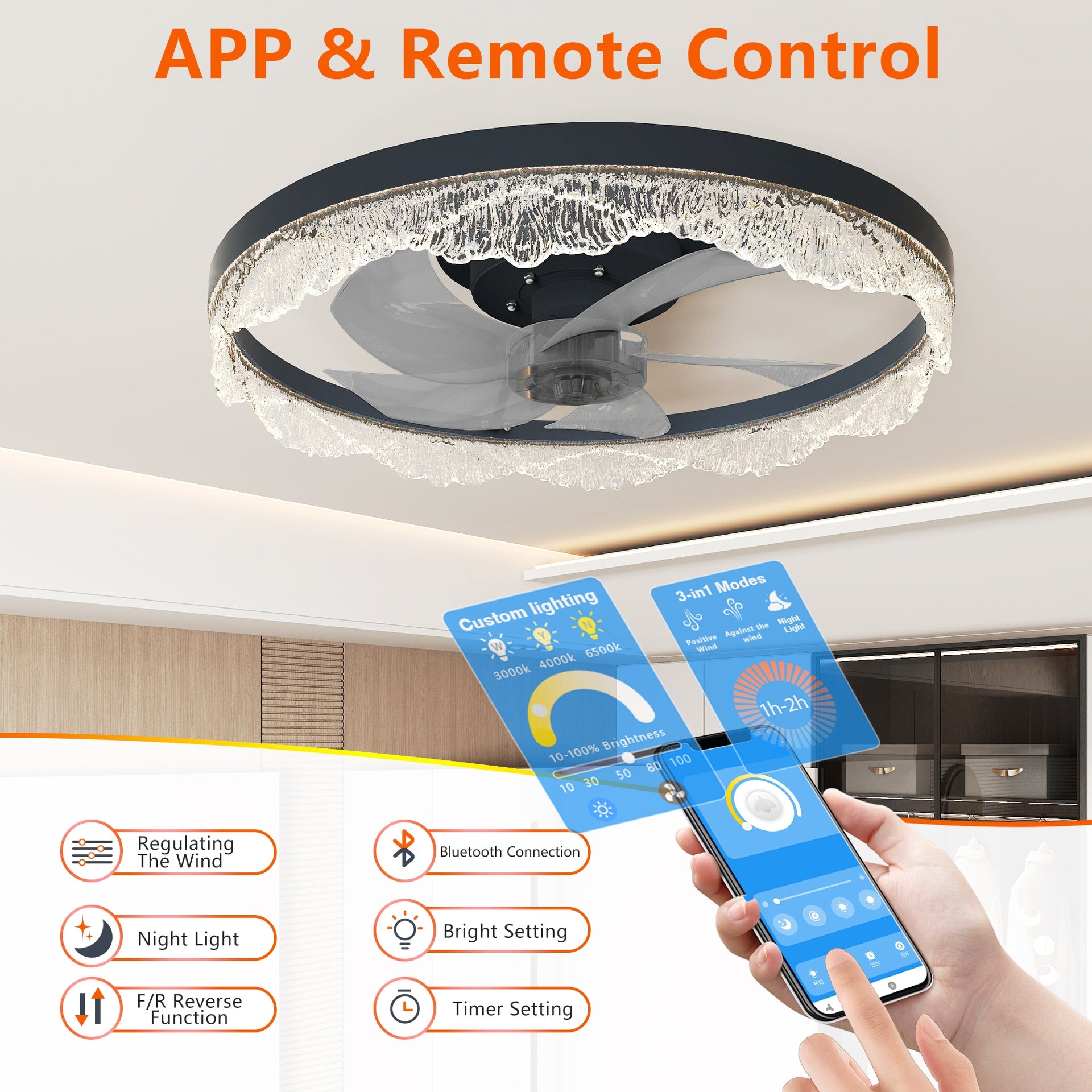 20" Decorative LED Ceiling Fan Light – Modern Flush Mount with Acrylic Ring, Hidden Blades, Remote Control, and Dimmable Light for Stylish Homes (Black)