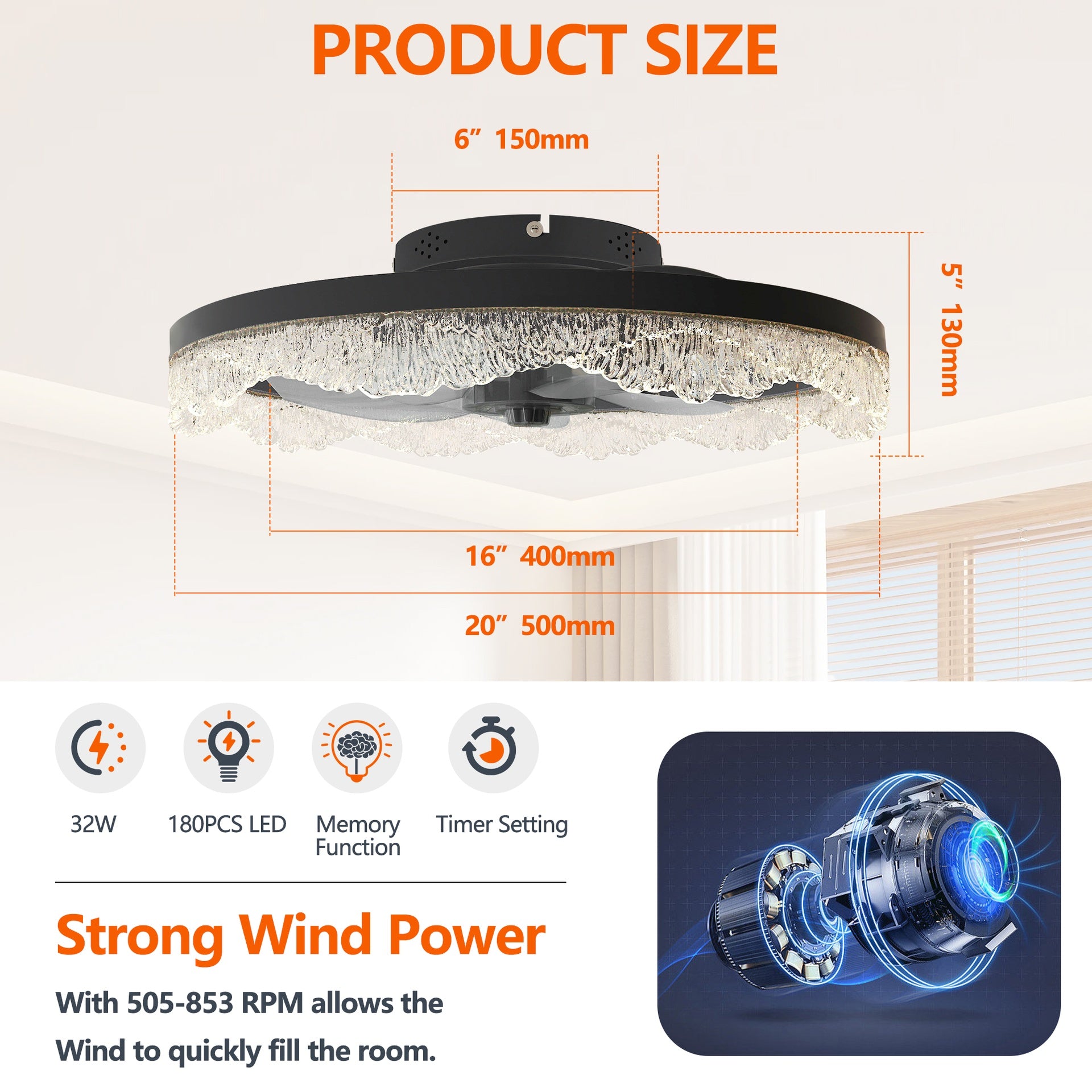 20" Decorative LED Ceiling Fan Light – Modern Flush Mount with Acrylic Ring, Hidden Blades, Remote Control, and Dimmable Light for Stylish Homes (Black)