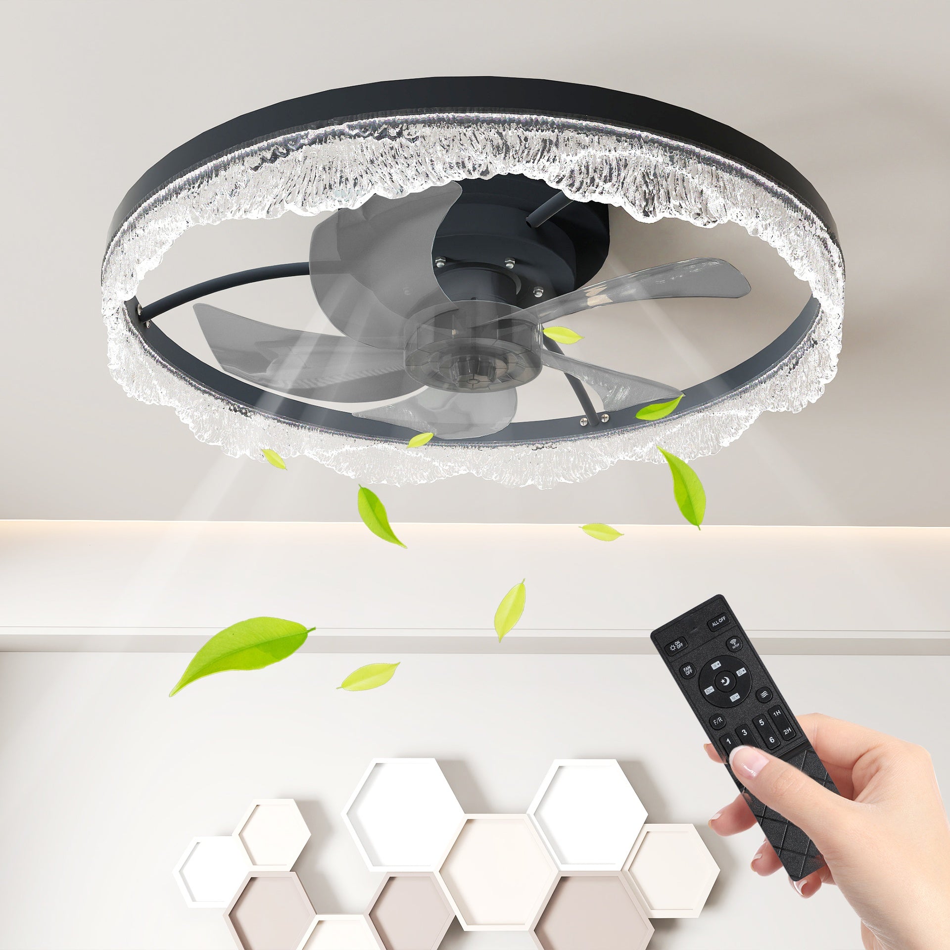 20" Decorative LED Ceiling Fan Light – Modern Flush Mount with Acrylic Ring, Hidden Blades, Remote Control, and Dimmable Light for Stylish Homes (Black)