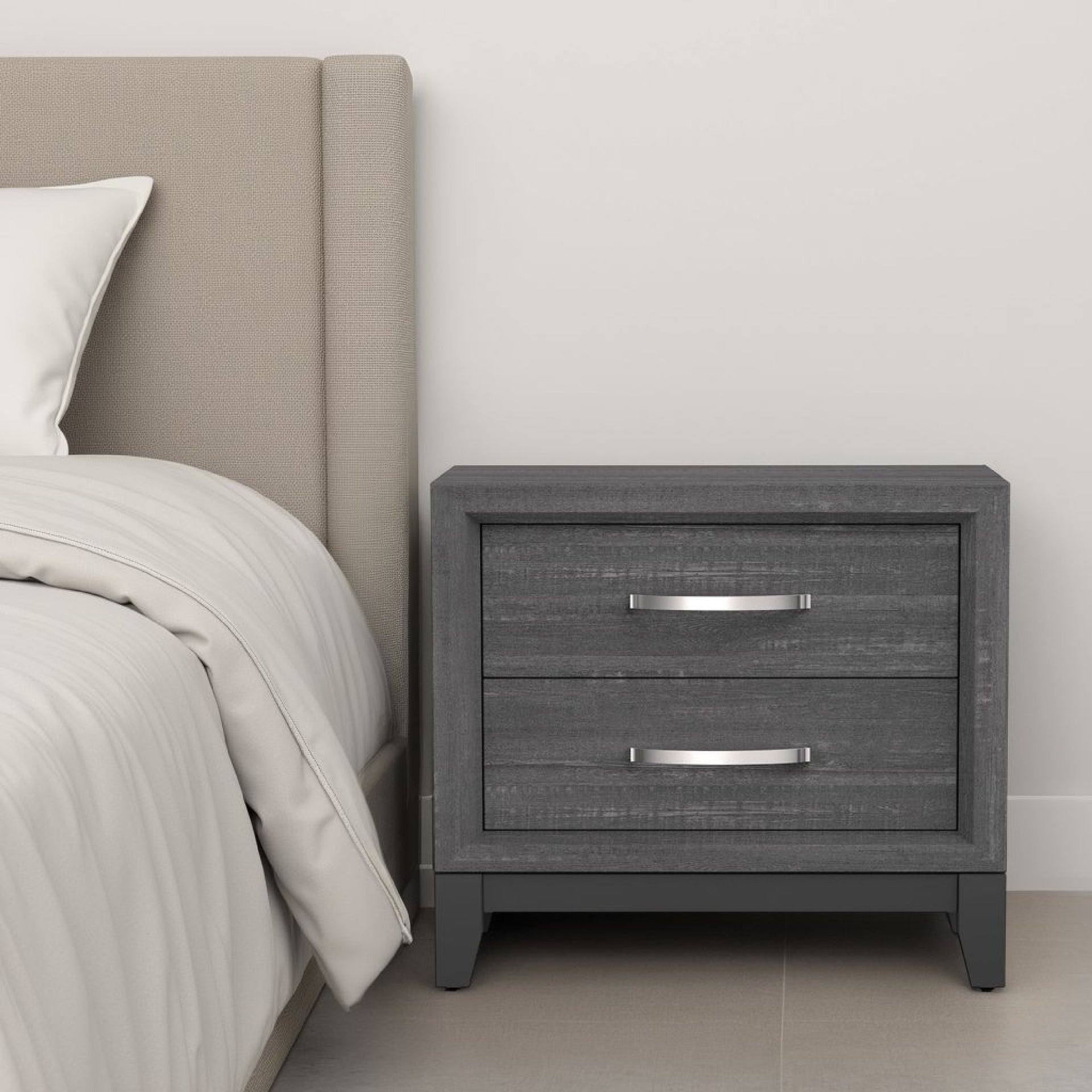 Erica Bedside Nightstand, 2 Drawers Chrome Bar Handles, Gray Wood