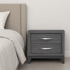 Erica Bedside Nightstand, 2 Drawers Chrome Bar Handles, Gray Wood