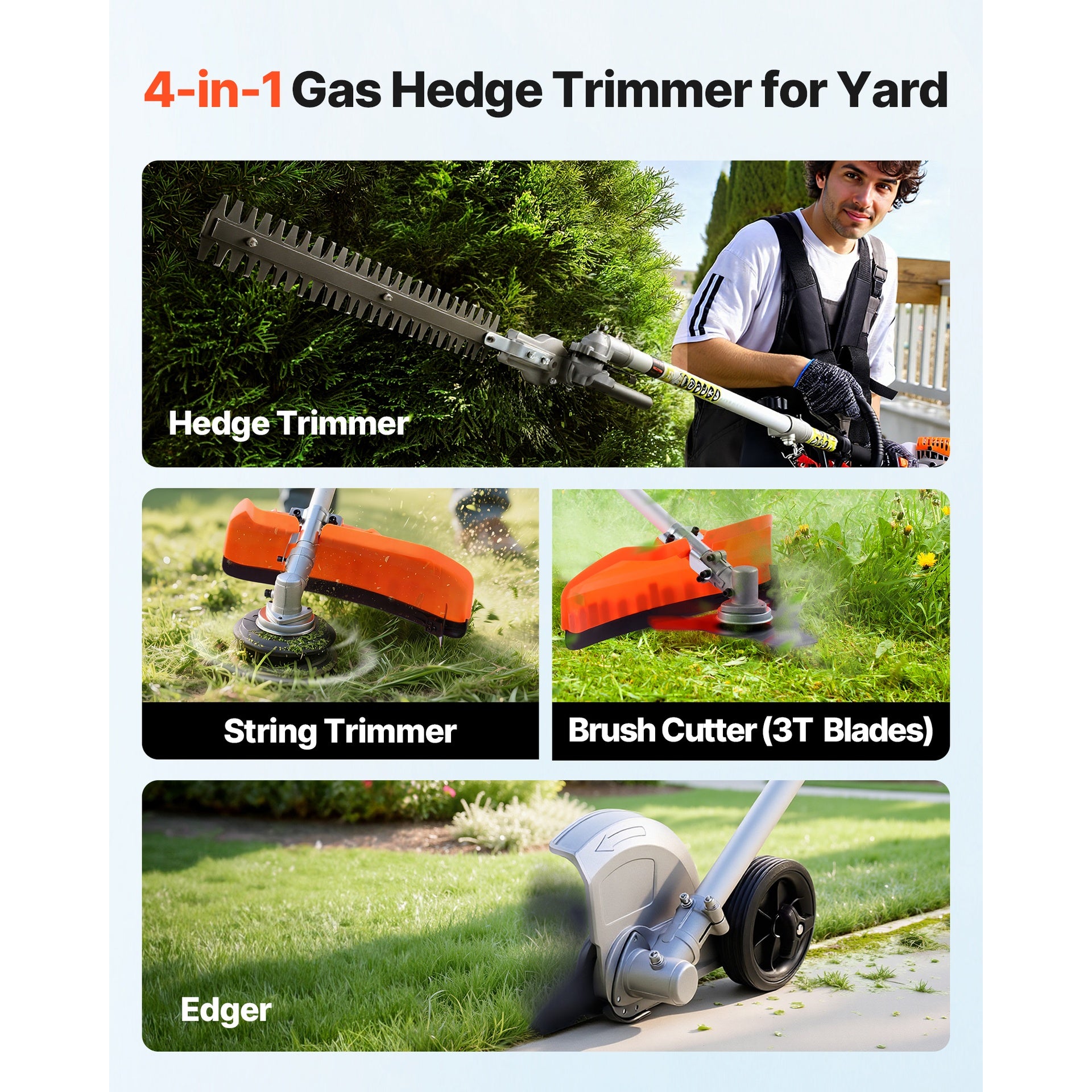 Gas Hedge Trimmer, 2 Cycle Gas Power Handheld Hedge Trimmer, 4-in-1 26cc Weed Eater with Protective Gear Set, Includes Hedge and String Trimmer, Edger, Brush Cutter, for Trimming Shrubs & Bushes