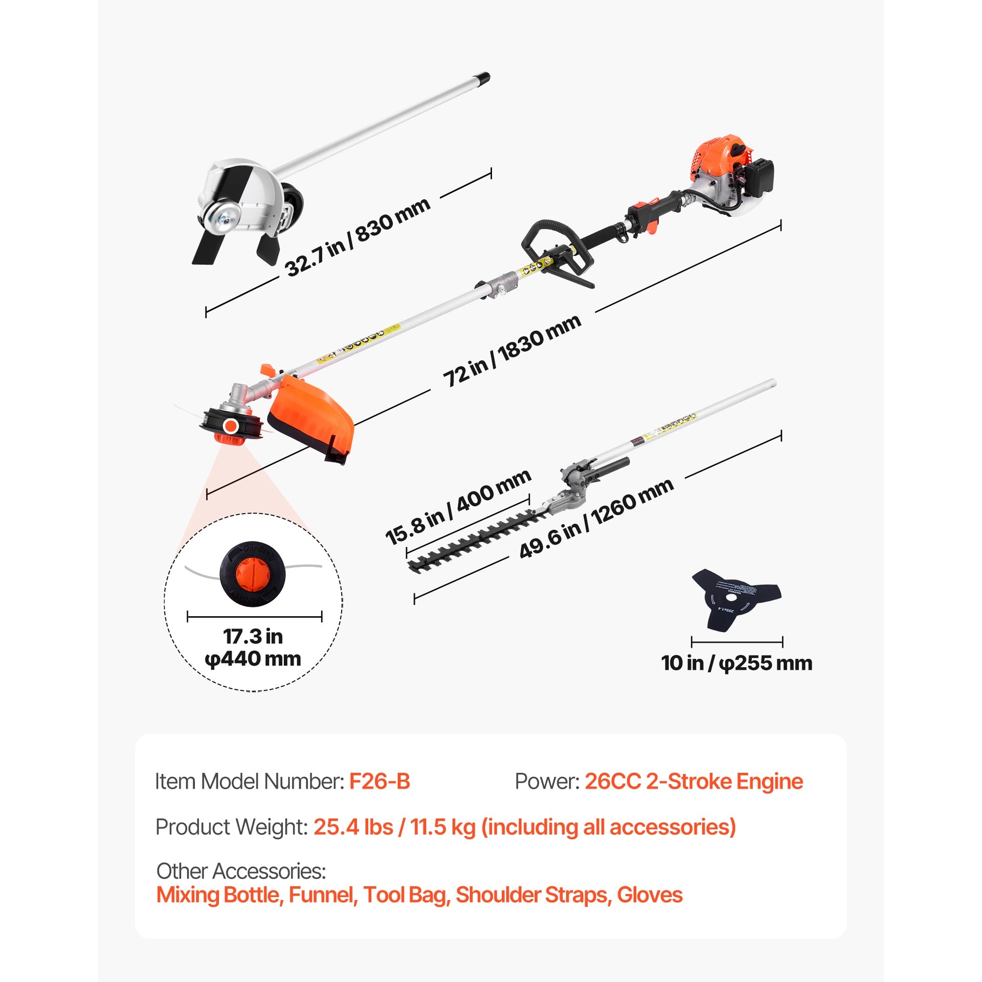 Gas Hedge Trimmer, 2 Cycle Gas Power Handheld Hedge Trimmer, 4-in-1 26cc Weed Eater with Protective Gear Set, Includes Hedge and String Trimmer, Edger, Brush Cutter, for Trimming Shrubs & Bushes