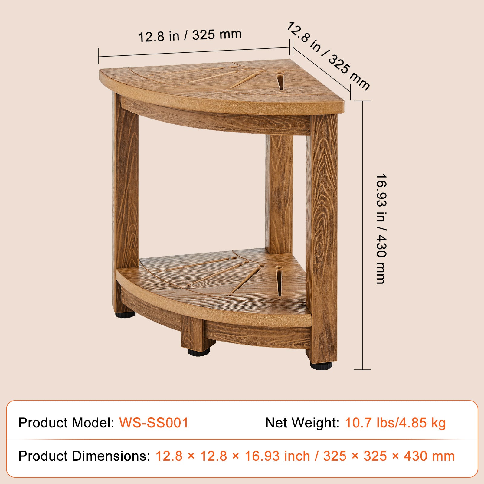 Corner Shower Bench, 16.5" Height 12.8" Radius, Faux Wood Grain Polystyrene, 350 LBS with Storage Shelf, Water Resistant, Shower Stool for Inside & Outside Shower, for Bathroom, Living Room