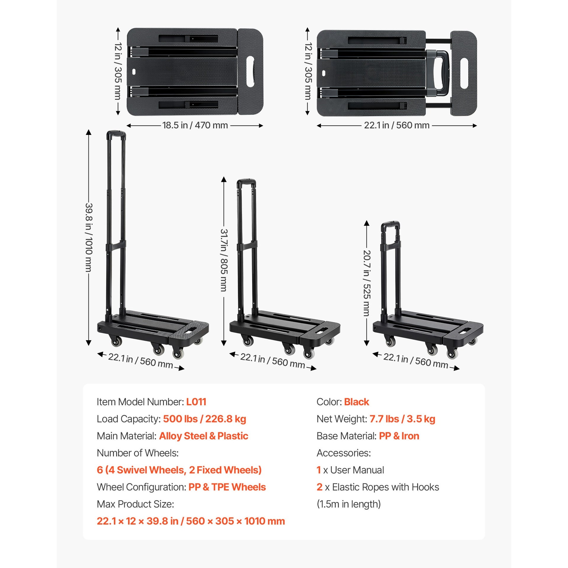 Folding Hand Truck 500 lbs Platform Cart Dolly Trolley Cart for Moving