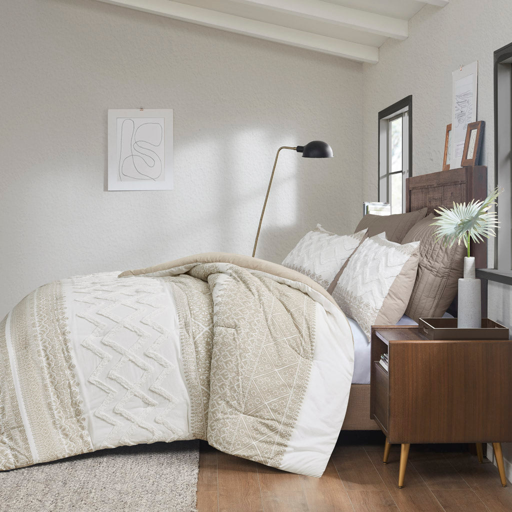 3 Piece Cotton Comforter Set with Chenille Tufting Taupe Full/Queen