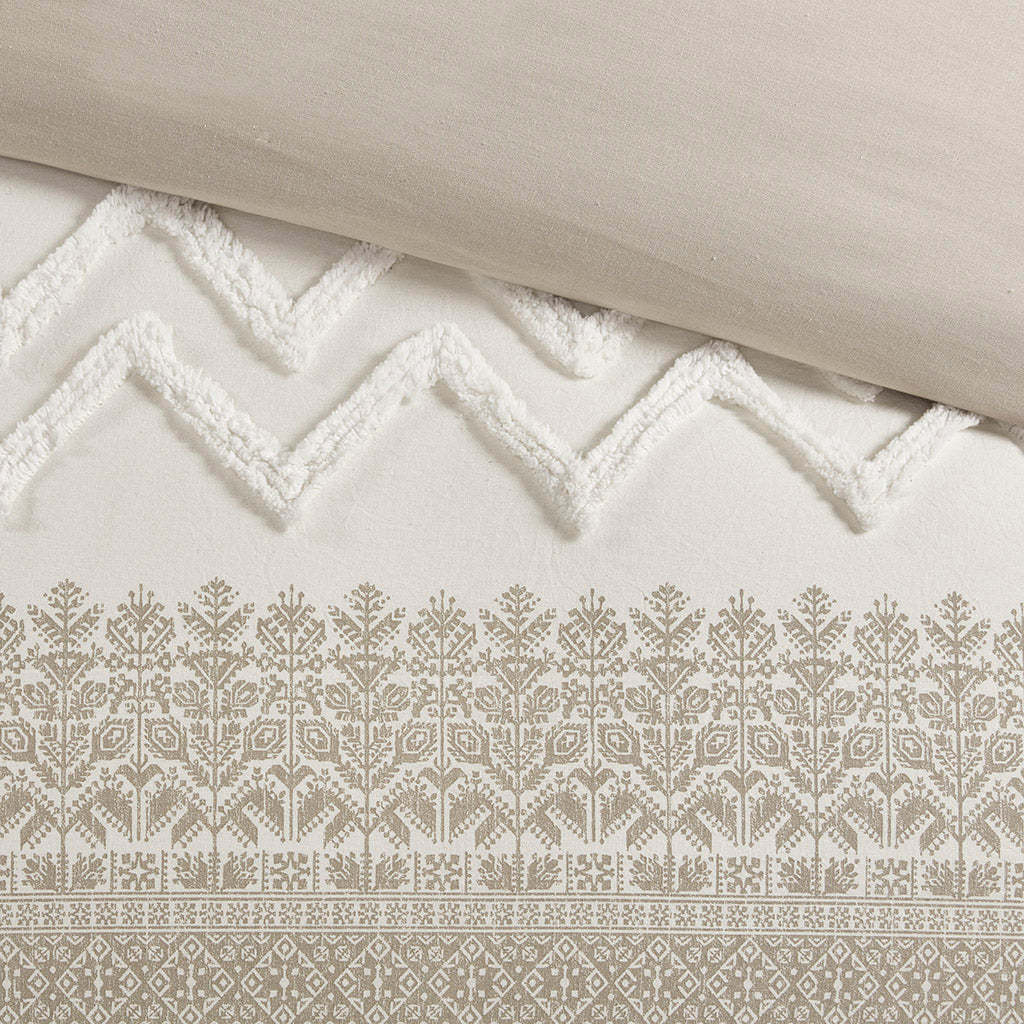 3 Piece Cotton Comforter Set with Chenille Tufting Taupe Full/Queen