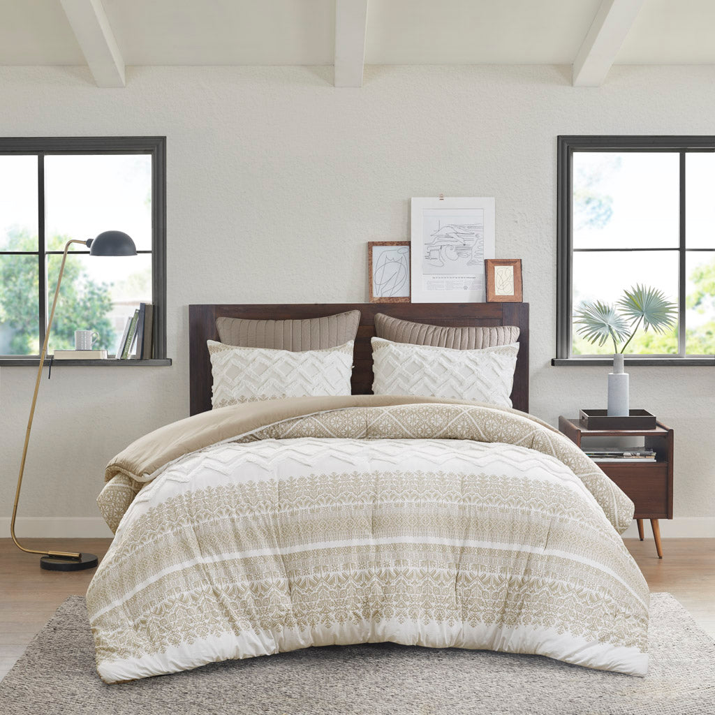 3 Piece Cotton Comforter Set with Chenille Tufting Taupe Full/Queen