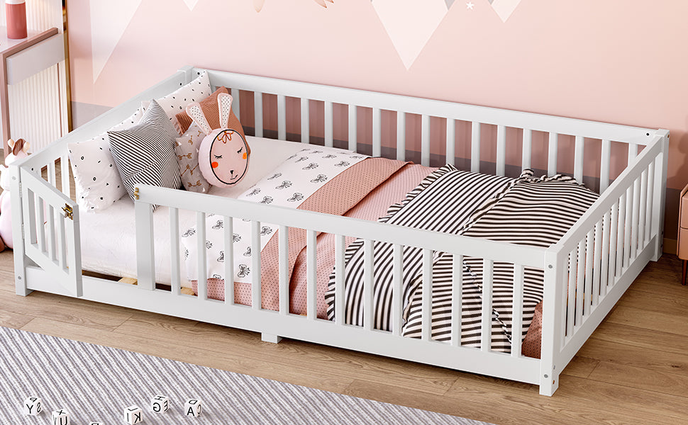 Full Size Bed Floor Bed with Safety Guardrails and Door for Kids, White