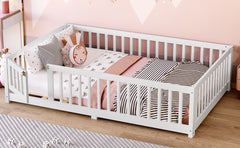 Full Size Bed Floor Bed with Safety Guardrails and Door for Kids, White