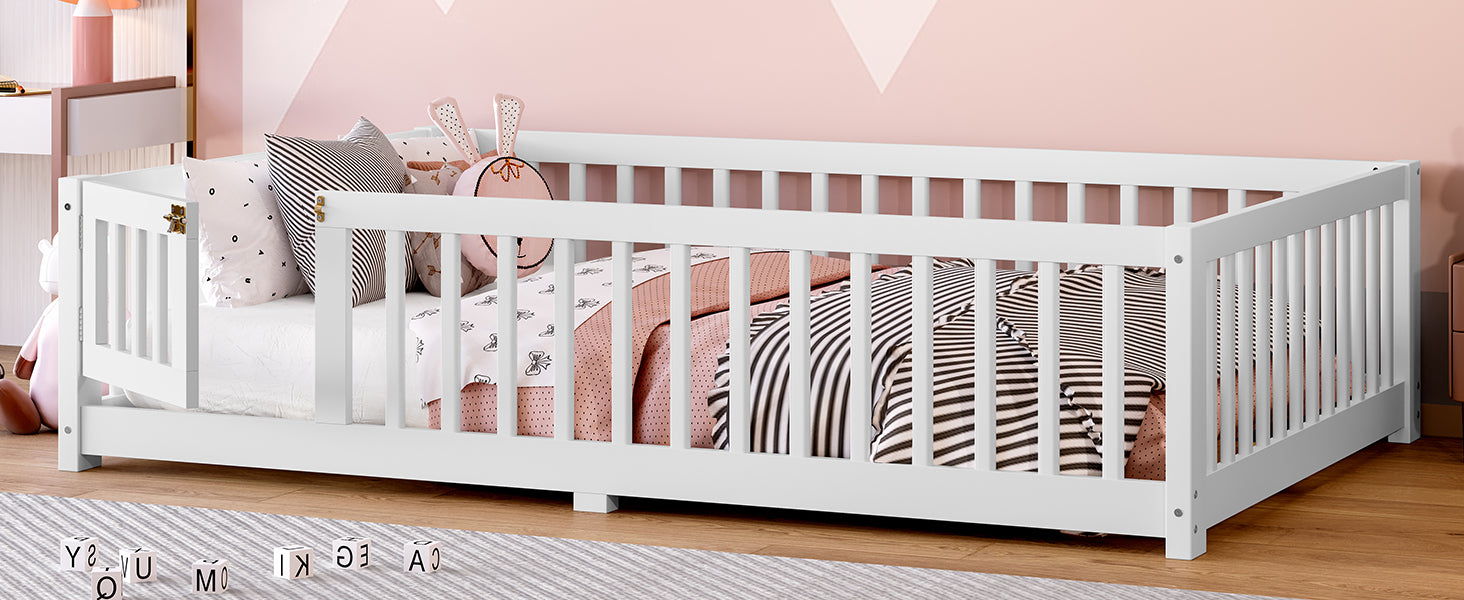 Full Size Bed Floor Bed with Safety Guardrails and Door for Kids, White