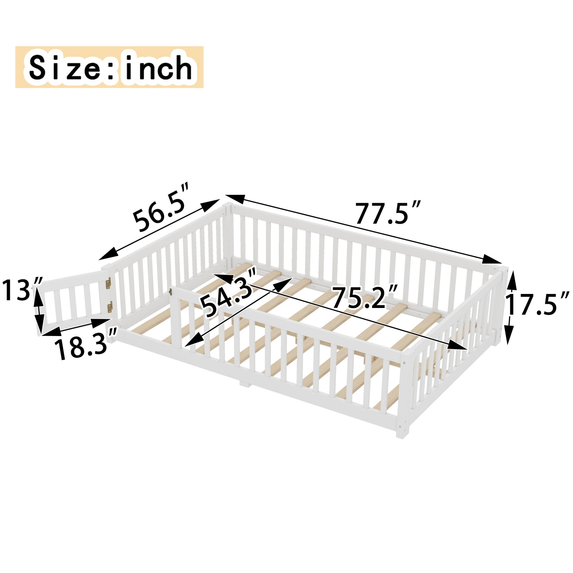 Full Size Bed Floor Bed with Safety Guardrails and Door for Kids, White