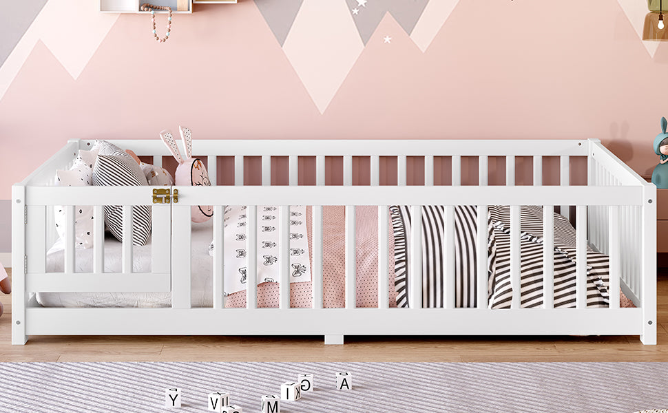 Full Size Bed Floor Bed with Safety Guardrails and Door for Kids, White