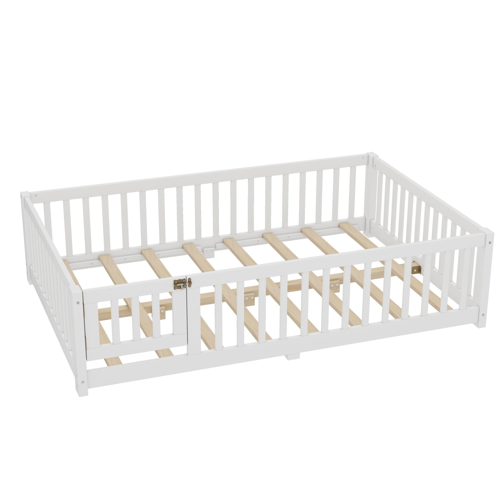 Full Size Bed Floor Bed with Safety Guardrails and Door for Kids, White