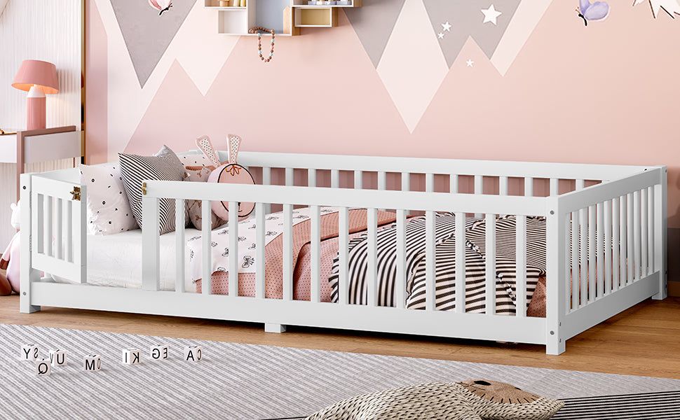 Full Size Bed Floor Bed with Safety Guardrails and Door for Kids, White