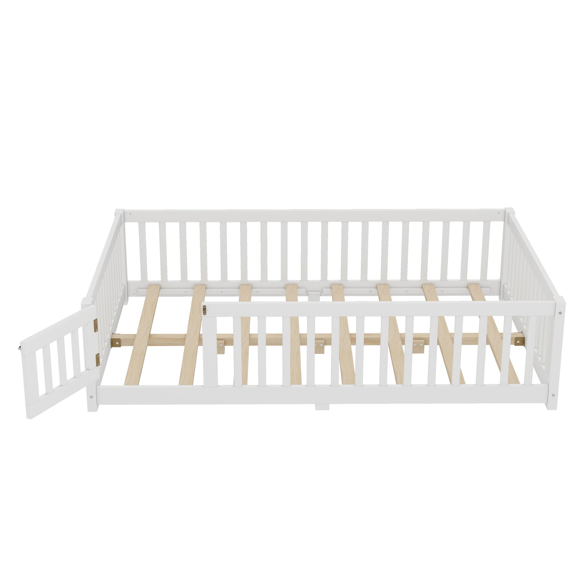 Full Size Bed Floor Bed with Safety Guardrails and Door for Kids, White