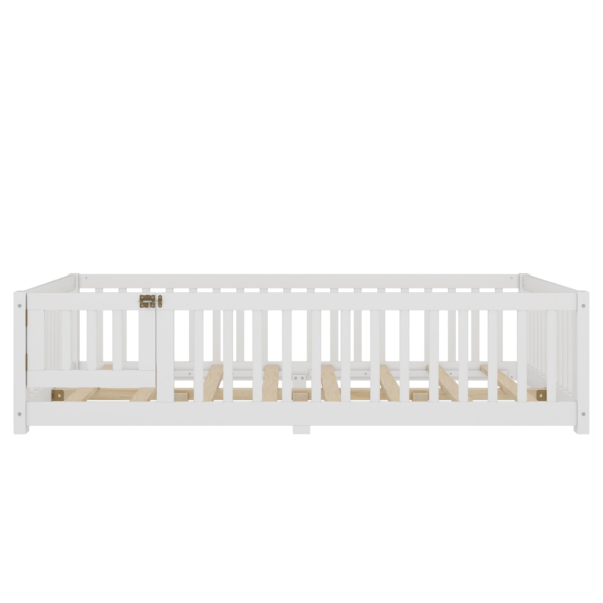 Full Size Bed Floor Bed with Safety Guardrails and Door for Kids, White