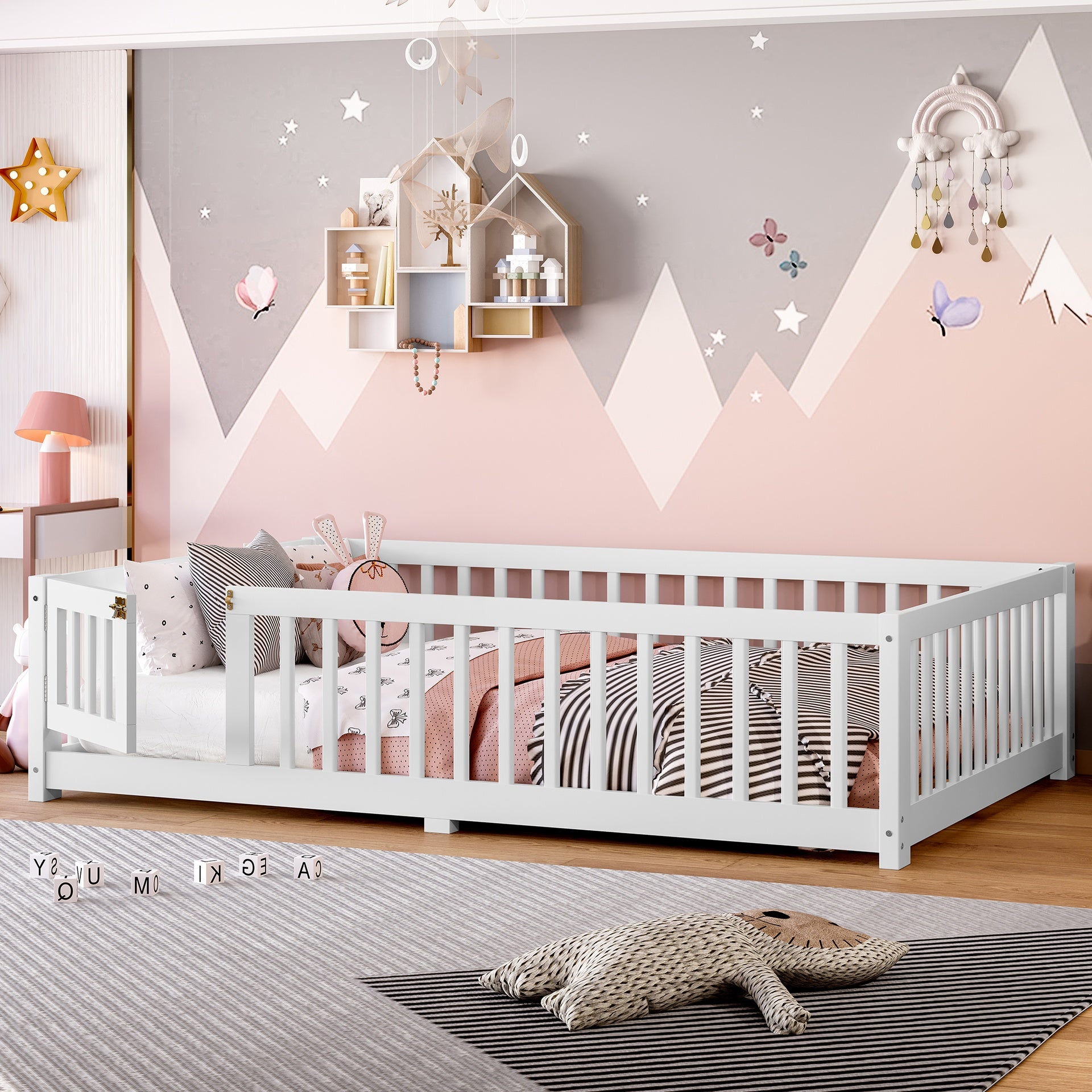 Full Size Bed Floor Bed with Safety Guardrails and Door for Kids, White