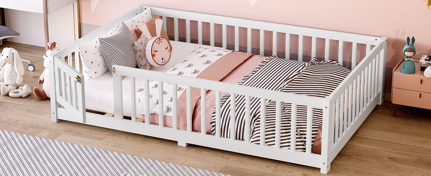 Full Size Bed Floor Bed with Safety Guardrails and Door for Kids, White