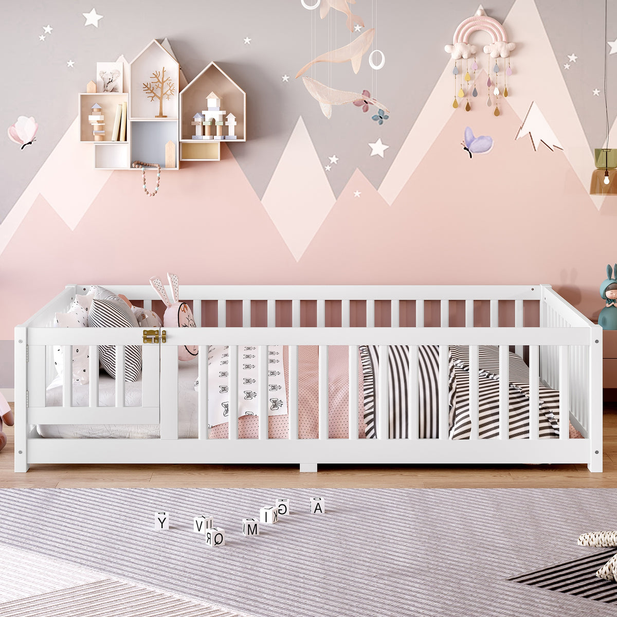 Full Size Bed Floor Bed with Safety Guardrails and Door for Kids, White