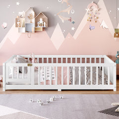 Full Size Bed Floor Bed with Safety Guardrails and Door for Kids, White