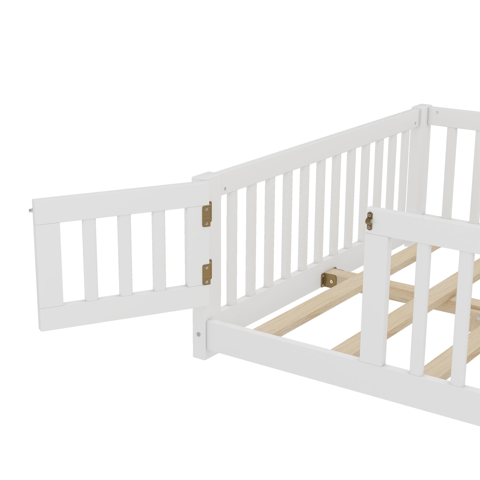 Full Size Bed Floor Bed with Safety Guardrails and Door for Kids, White