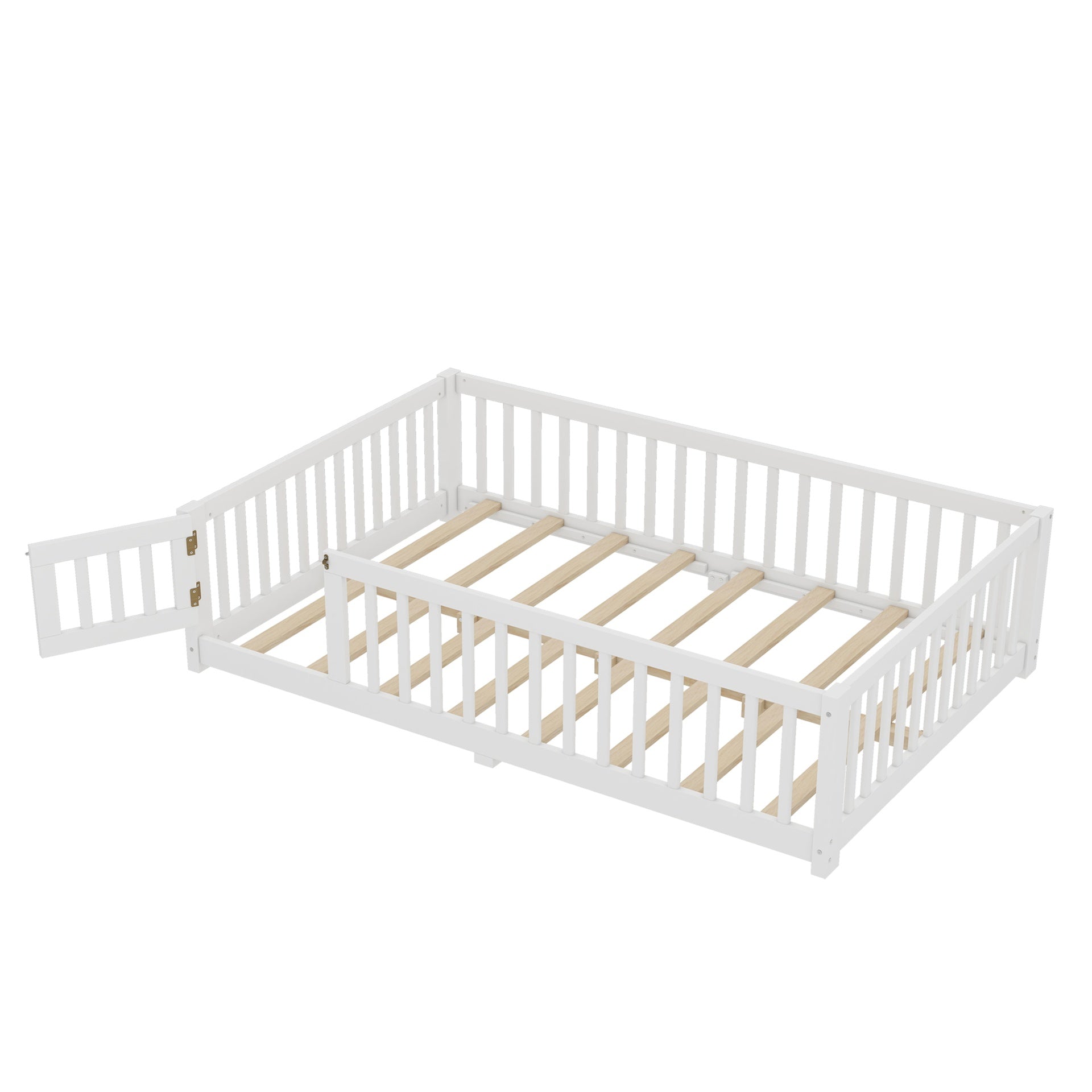 Full Size Bed Floor Bed with Safety Guardrails and Door for Kids, White