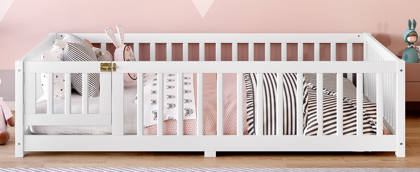 Full Size Bed Floor Bed with Safety Guardrails and Door for Kids, White