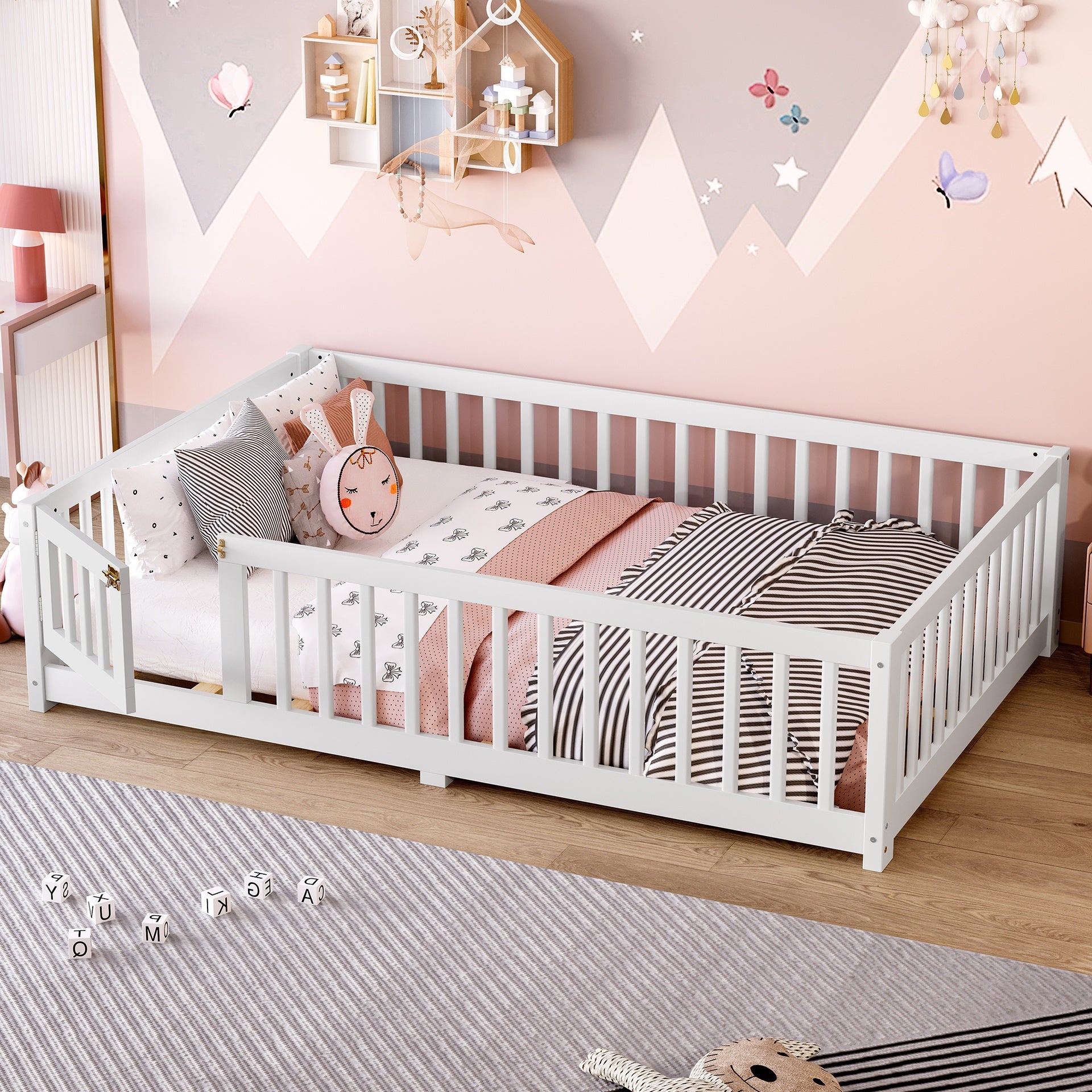 Full Size Bed Floor Bed with Safety Guardrails and Door for Kids, White