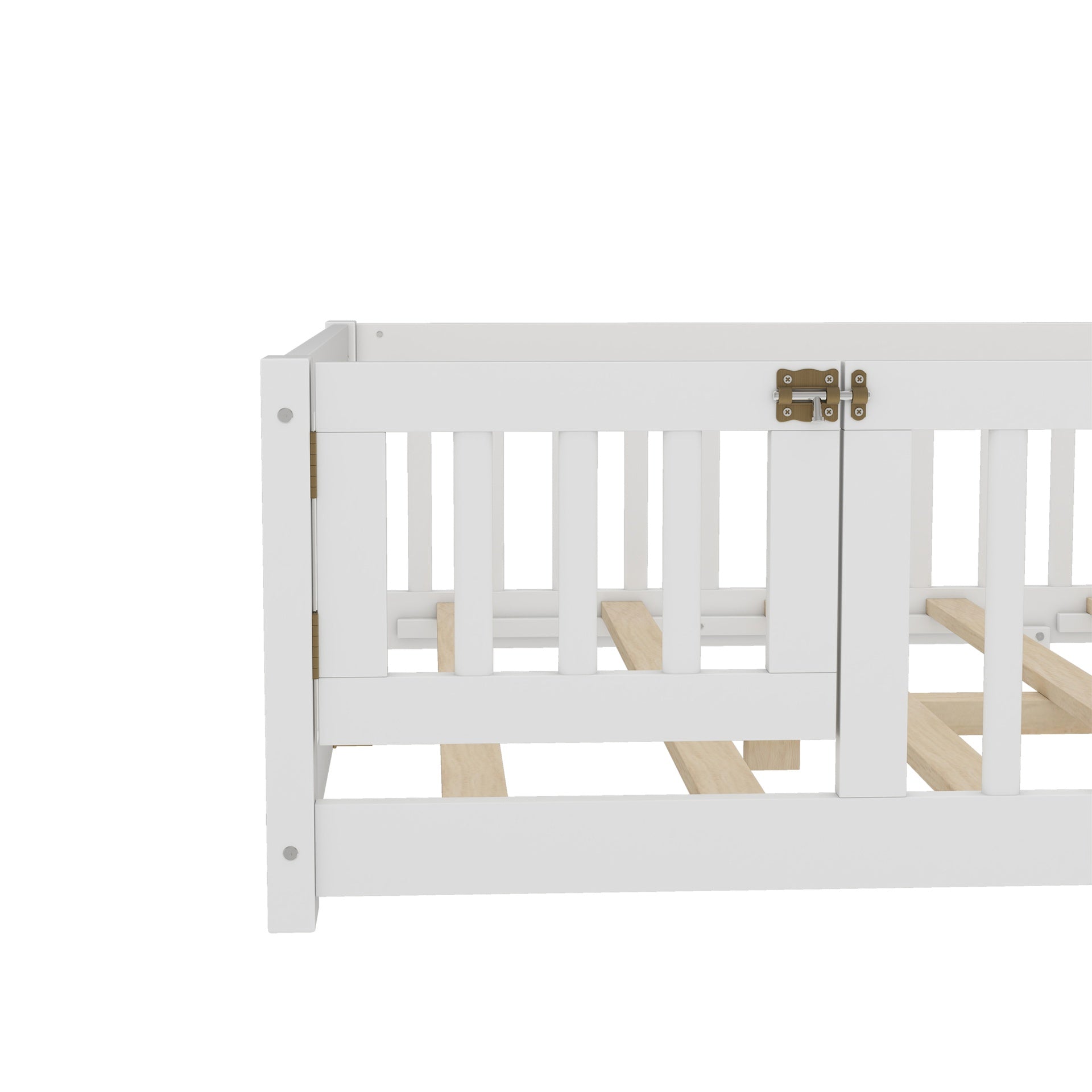 Full Size Bed Floor Bed with Safety Guardrails and Door for Kids, White