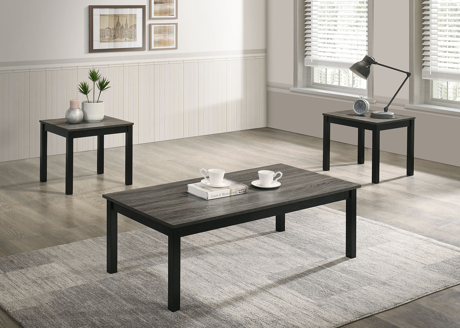 Gray Finish Contemporary Style 3pc Table Set 1x Coffee Table 2x End Table Faux Marble Top Wooden Legs Primary Living Room