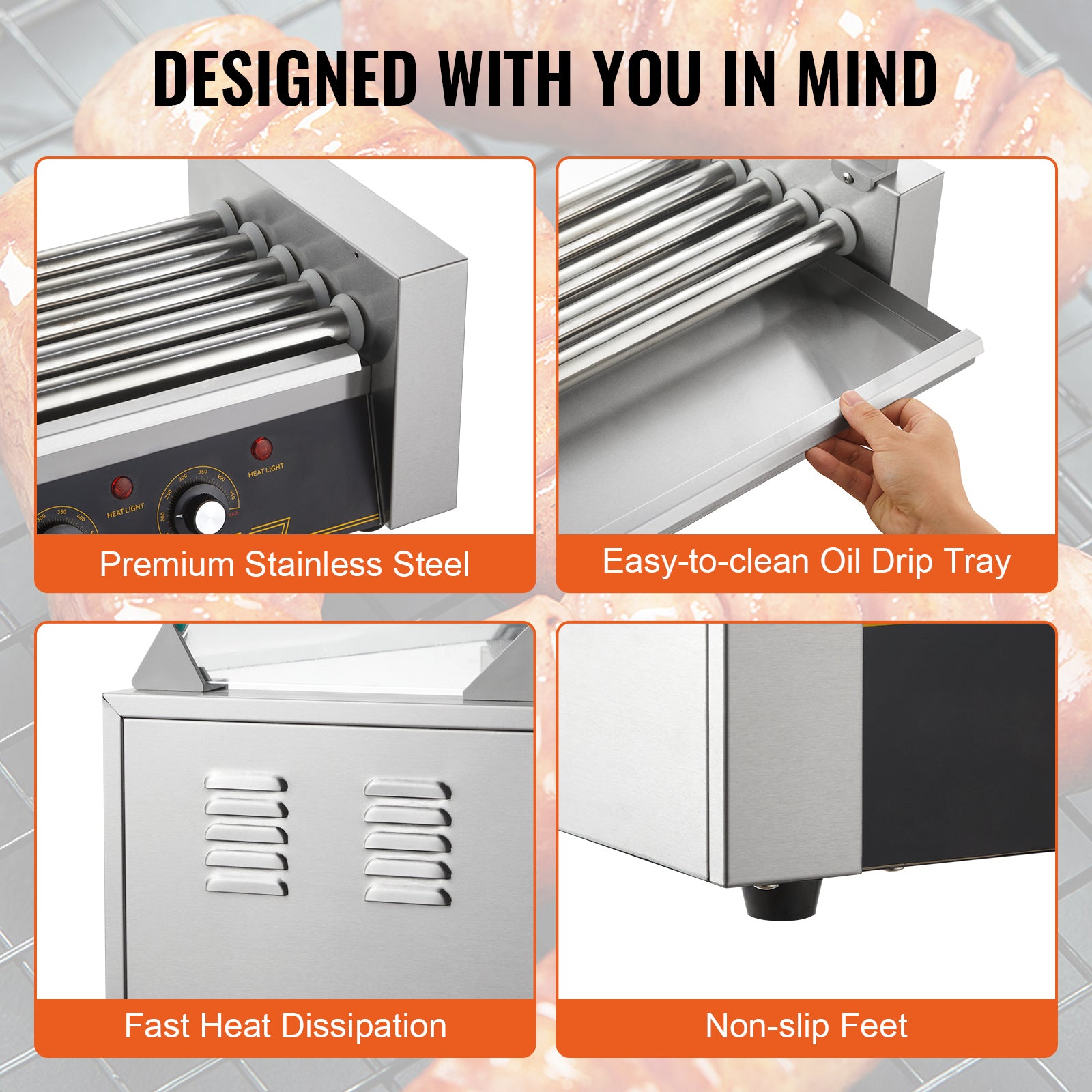 Hot Dog Roller 5 Rollers 12 Hot Dogs Capacity, 750W Stainless Sausage Grill Cooker Machine with Dual Temp Control Glass Hood Acrylic Cover Bun Warmer Shelf Removable Oil Drip Tray ETL Certified