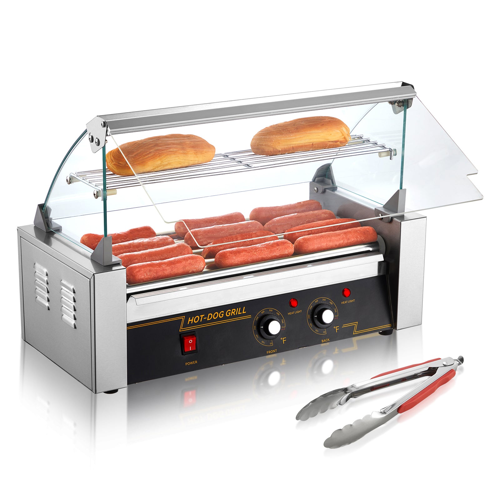 Hot Dog Roller 5 Rollers 12 Hot Dogs Capacity, 750W Stainless Sausage Grill Cooker Machine with Dual Temp Control Glass Hood Acrylic Cover Bun Warmer Shelf Removable Oil Drip Tray ETL Certified
