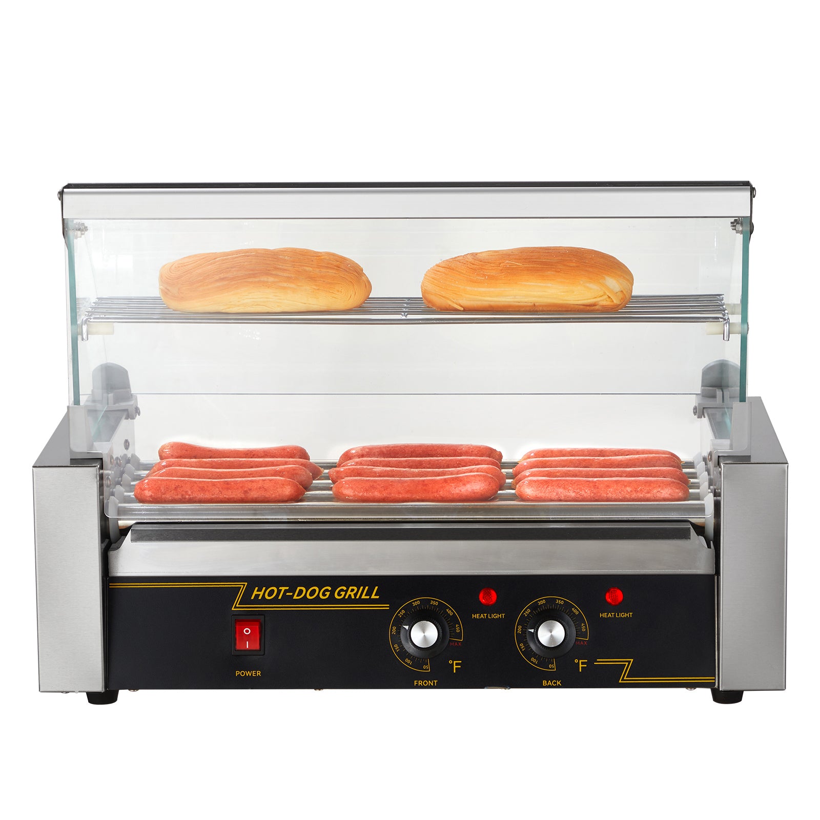 Hot Dog Roller 5 Rollers 12 Hot Dogs Capacity, 750W Stainless Sausage Grill Cooker Machine with Dual Temp Control Glass Hood Acrylic Cover Bun Warmer Shelf Removable Oil Drip Tray ETL Certified