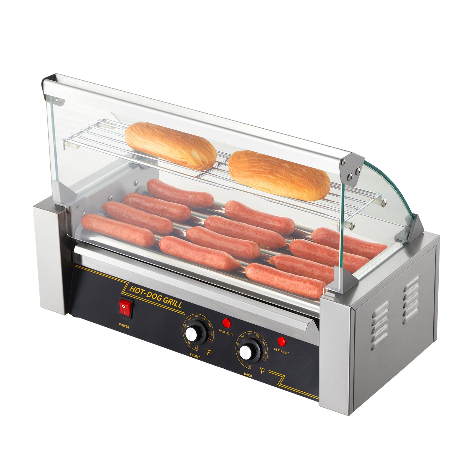 Hot Dog Roller 5 Rollers 12 Hot Dogs Capacity, 750W Stainless Sausage Grill Cooker Machine with Dual Temp Control Glass Hood Acrylic Cover Bun Warmer Shelf Removable Oil Drip Tray ETL Certified