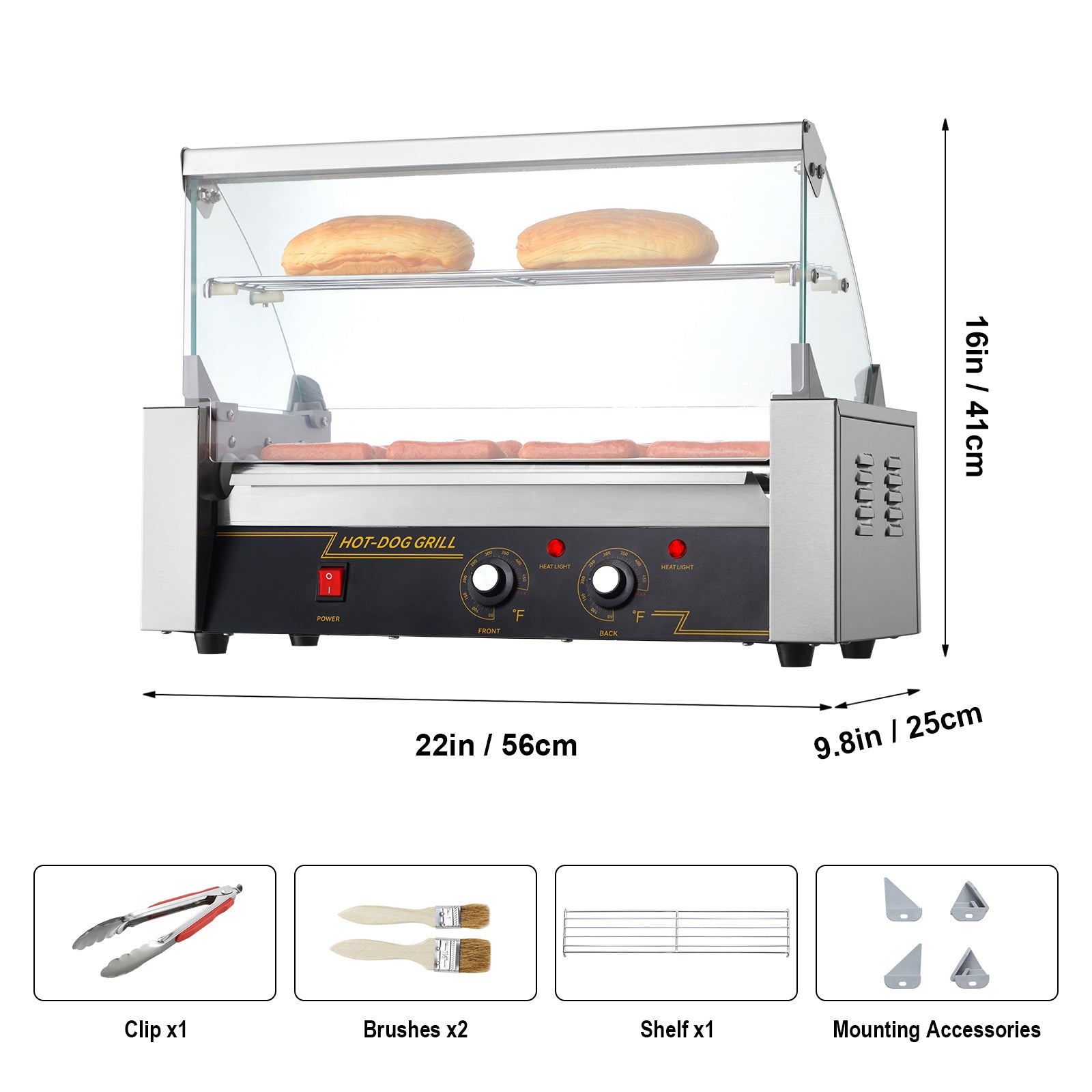 Hot Dog Roller 5 Rollers 12 Hot Dogs Capacity, 750W Stainless Sausage Grill Cooker Machine with Dual Temp Control Glass Hood Acrylic Cover Bun Warmer Shelf Removable Oil Drip Tray ETL Certified