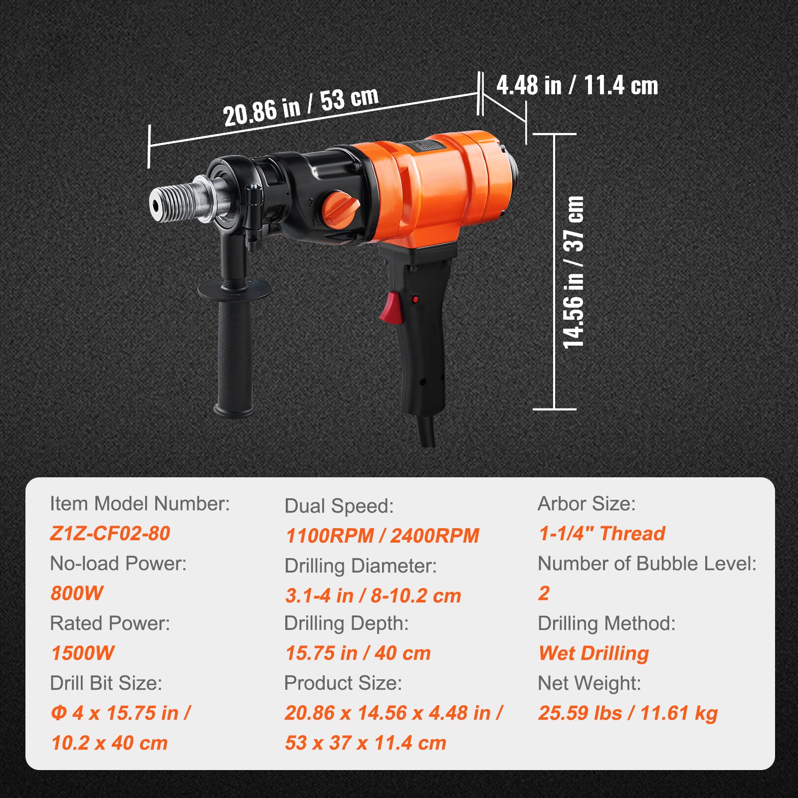 Diamond Core Drilling Machine, 4in Handheld Wet Concrete Core Drill Rig, 1100-2400RPM Two Speed & 1-1/4" Thread & 2 Bubble Levels, 3-4in Drilling Diameter for Concrete Brick Block Stone, 1500W