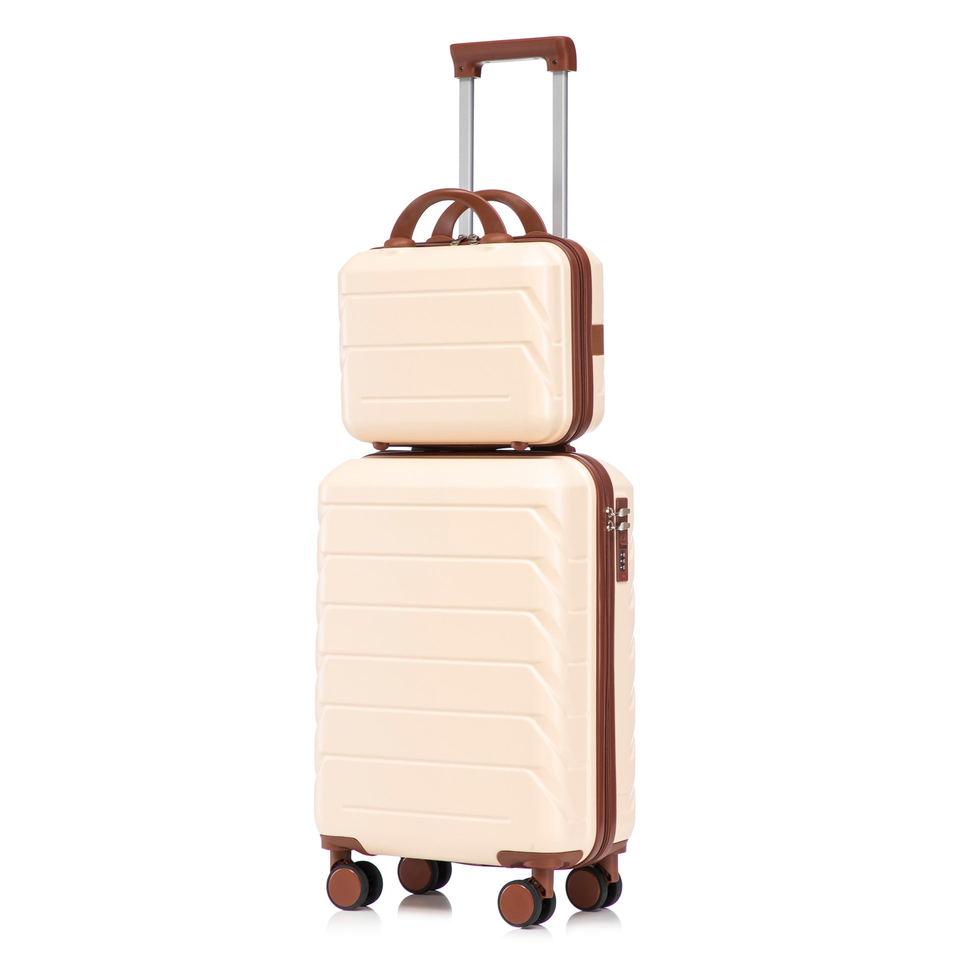 14"/20" 2 pcs/set in ABS Spinner Wheel Luggage, with Combination Lock,14" Cosmetic Case (Beige)