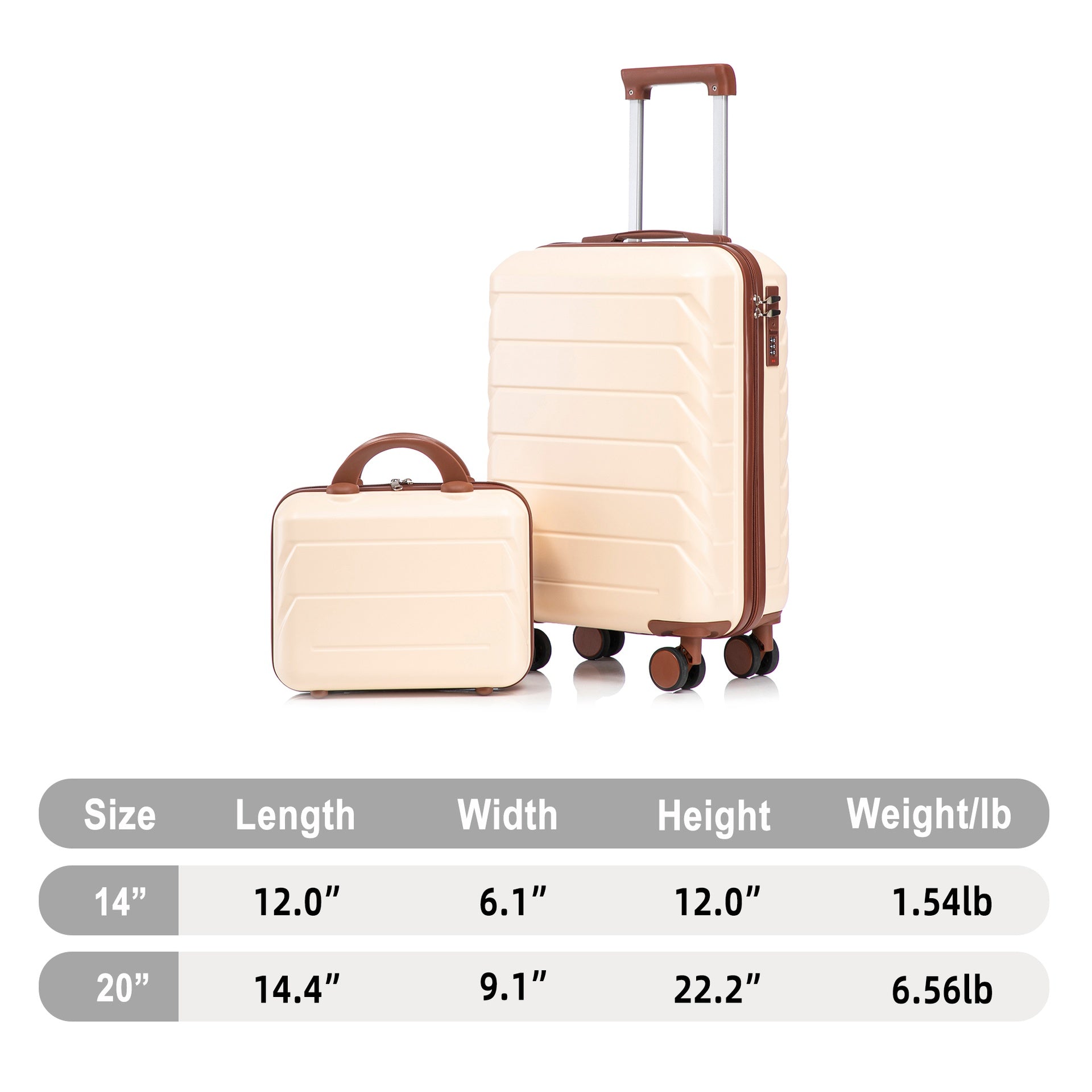 14"/20" 2 pcs/set in ABS Spinner Wheel Luggage, with Combination Lock,14" Cosmetic Case (Beige)