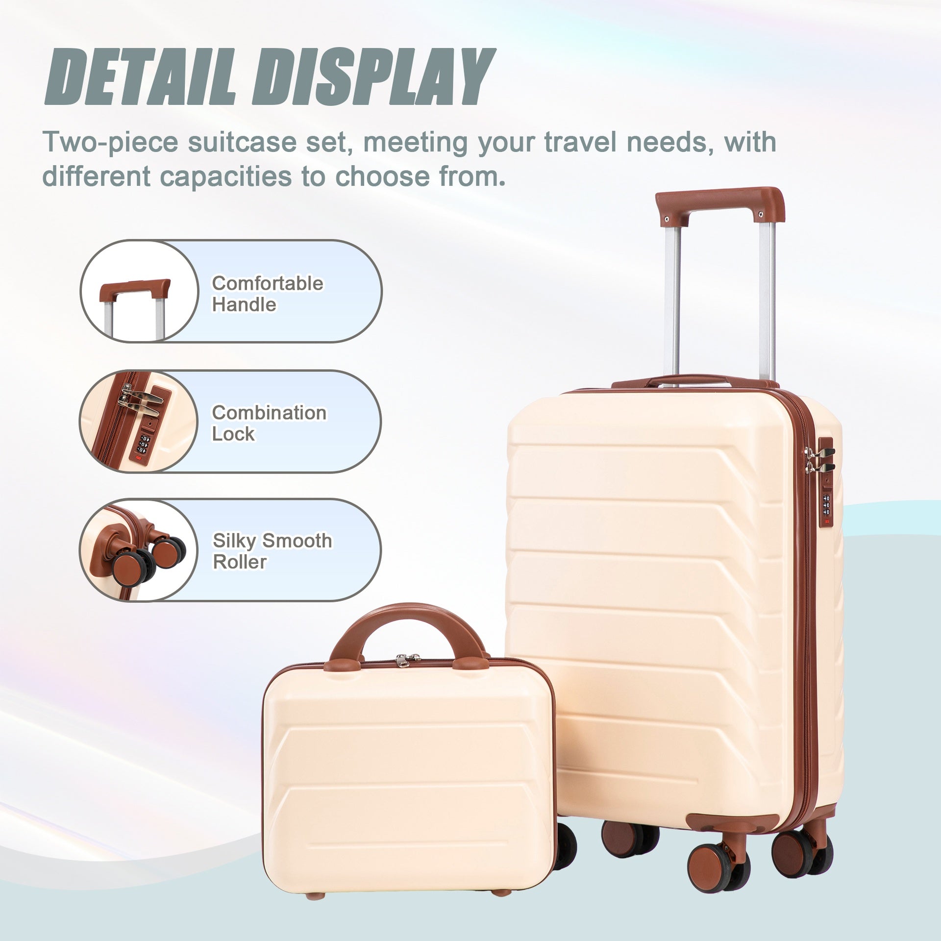 14"/20" 2 pcs/set in ABS Spinner Wheel Luggage, with Combination Lock,14" Cosmetic Case (Beige)