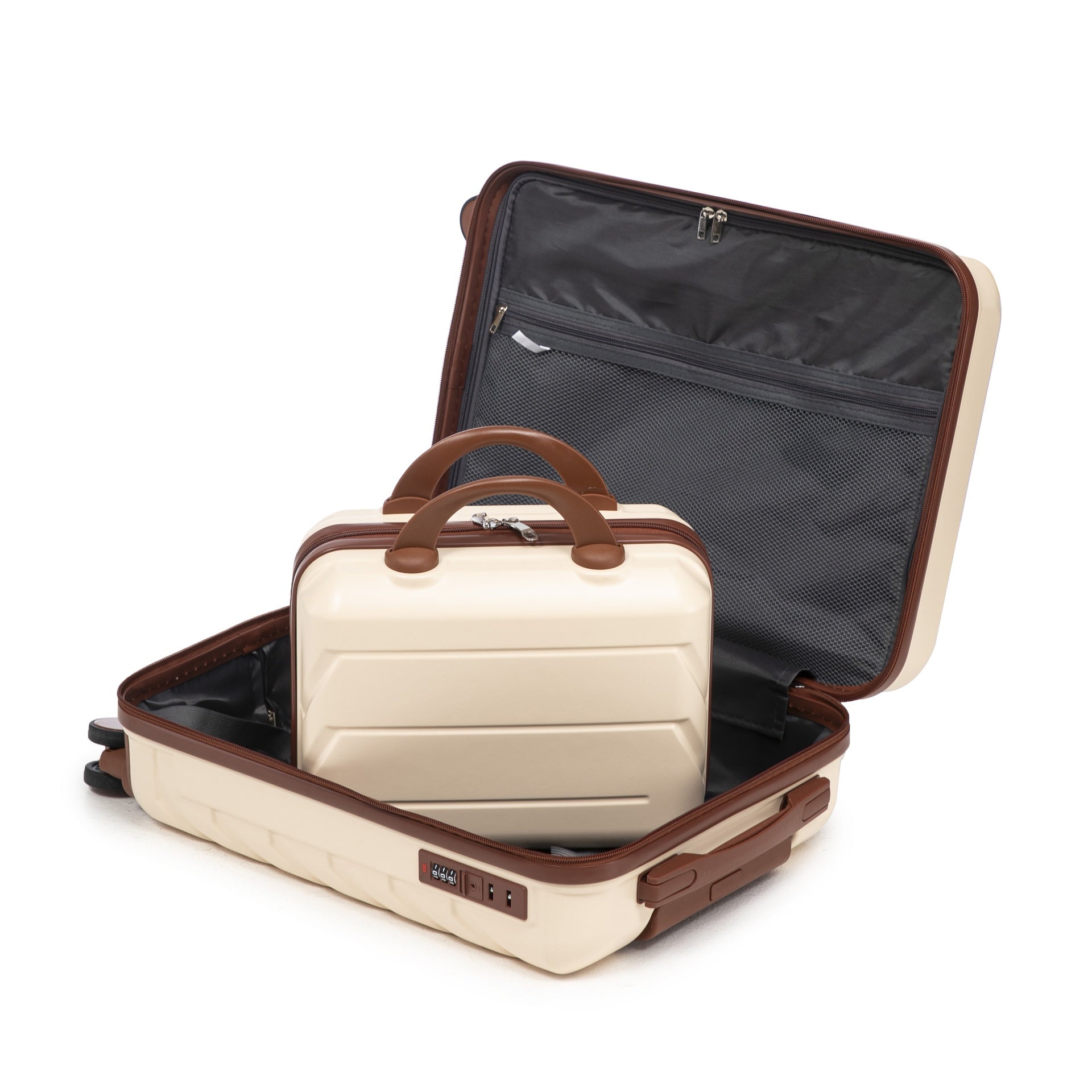 14"/20" 2 pcs/set in ABS Spinner Wheel Luggage, with Combination Lock,14" Cosmetic Case (Beige)