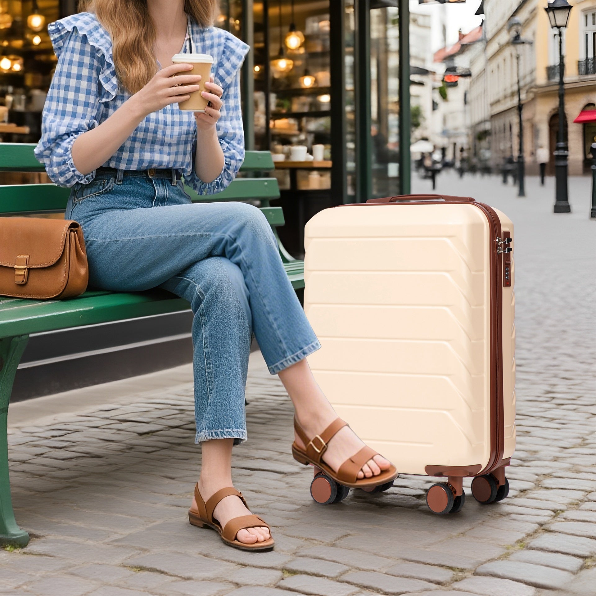 14"/20" 2 pcs/set in ABS Spinner Wheel Luggage, with Combination Lock,14" Cosmetic Case (Beige)