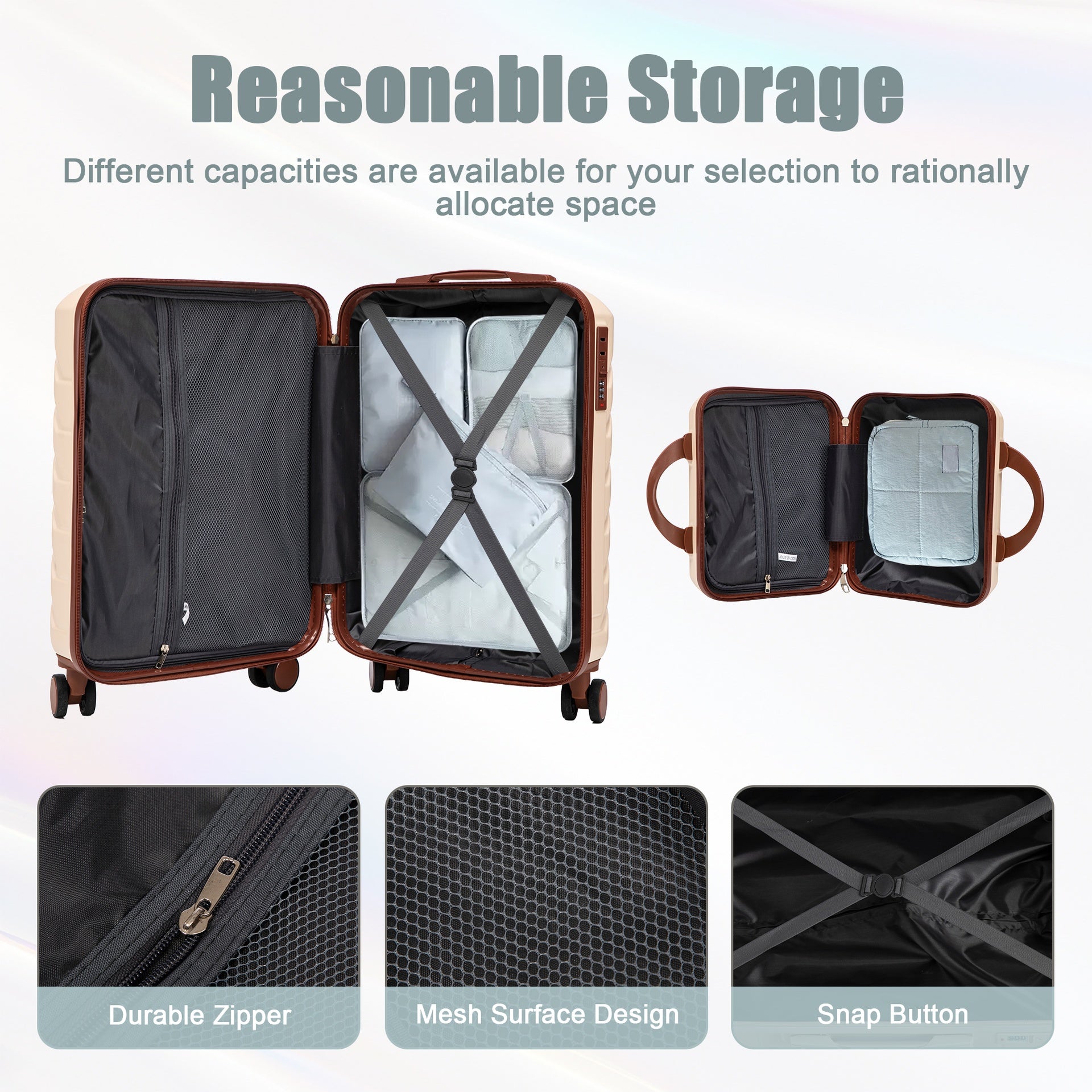 14"/20" 2 pcs/set in ABS Spinner Wheel Luggage, with Combination Lock,14" Cosmetic Case (Beige)
