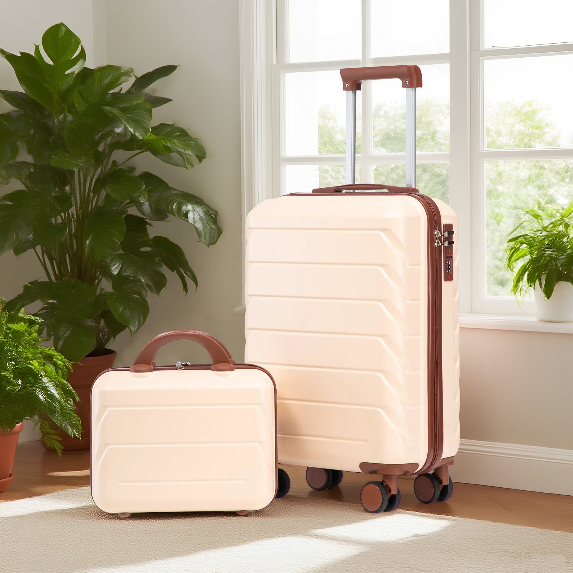 14"/20" 2 pcs/set in ABS Spinner Wheel Luggage, with Combination Lock,14" Cosmetic Case (Beige)