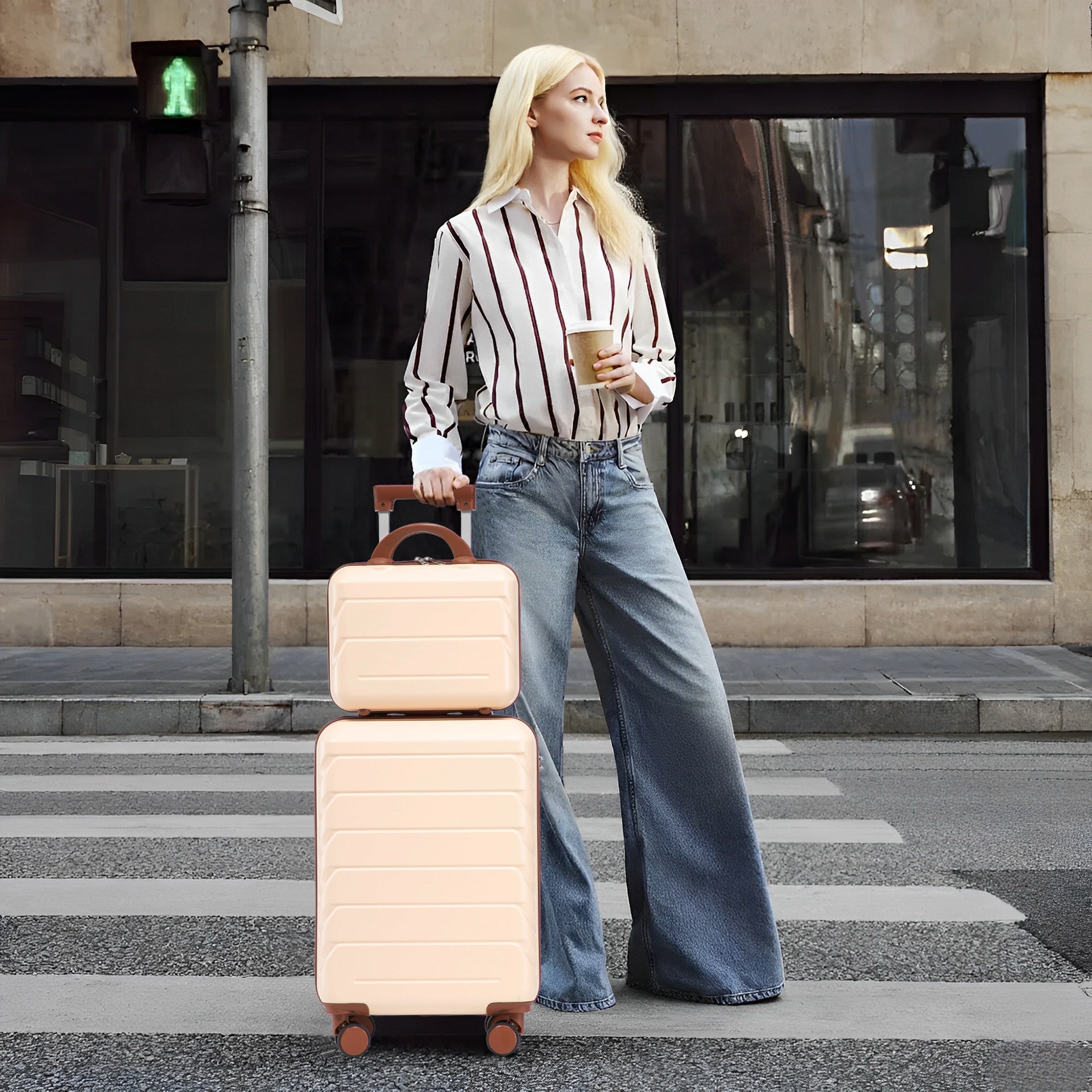 14"/20" 2 pcs/set in ABS Spinner Wheel Luggage, with Combination Lock,14" Cosmetic Case (Beige)