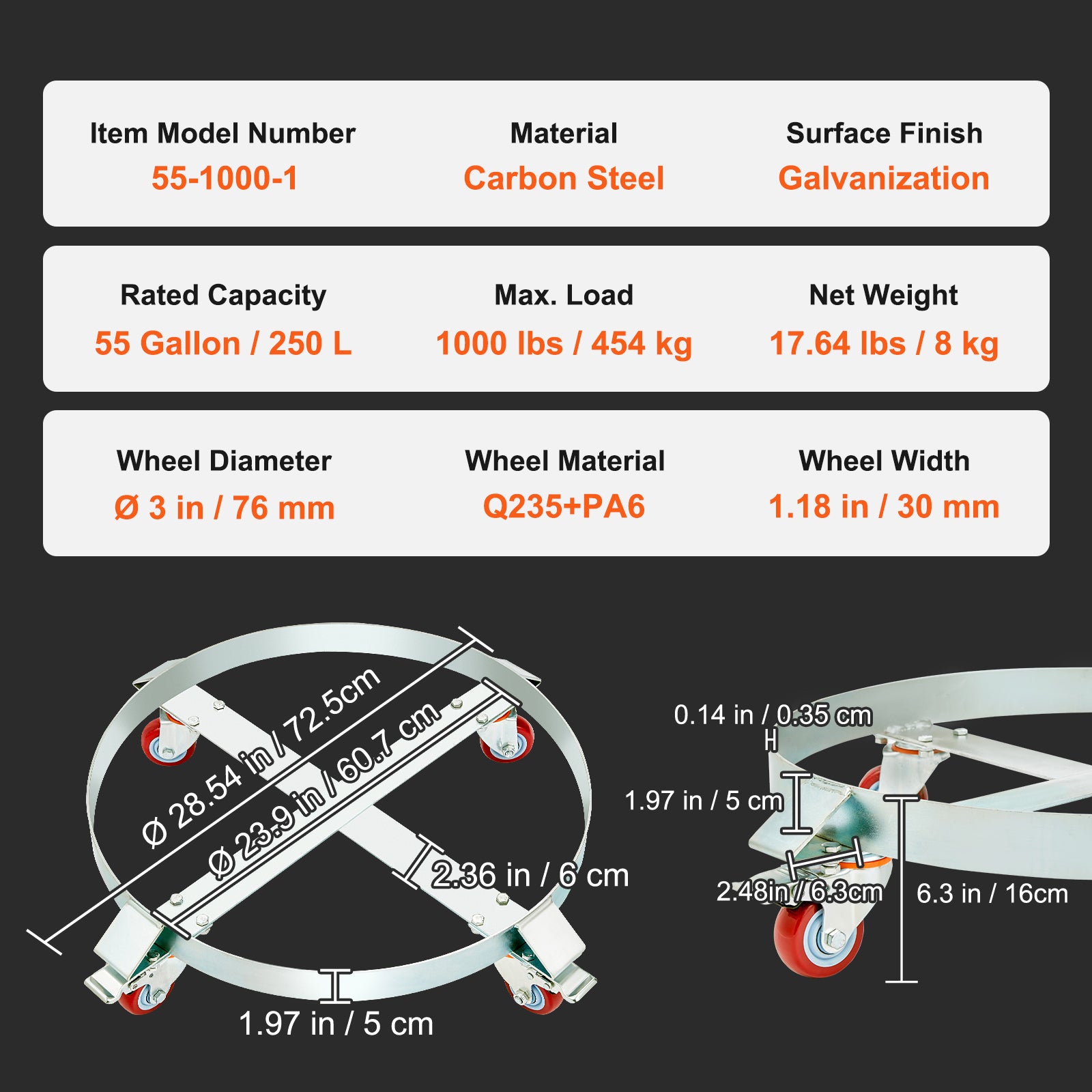 55 Gallon Heavy Duty Drum Dolly, 1000lbs Load Capacity, Barrel Dolly Cart Drum Caddy, Non Tipping Hand Truck Capacity Dollies with Steel Frame 4 Swivel Casters Wheel, for Warehouse Drum Handling