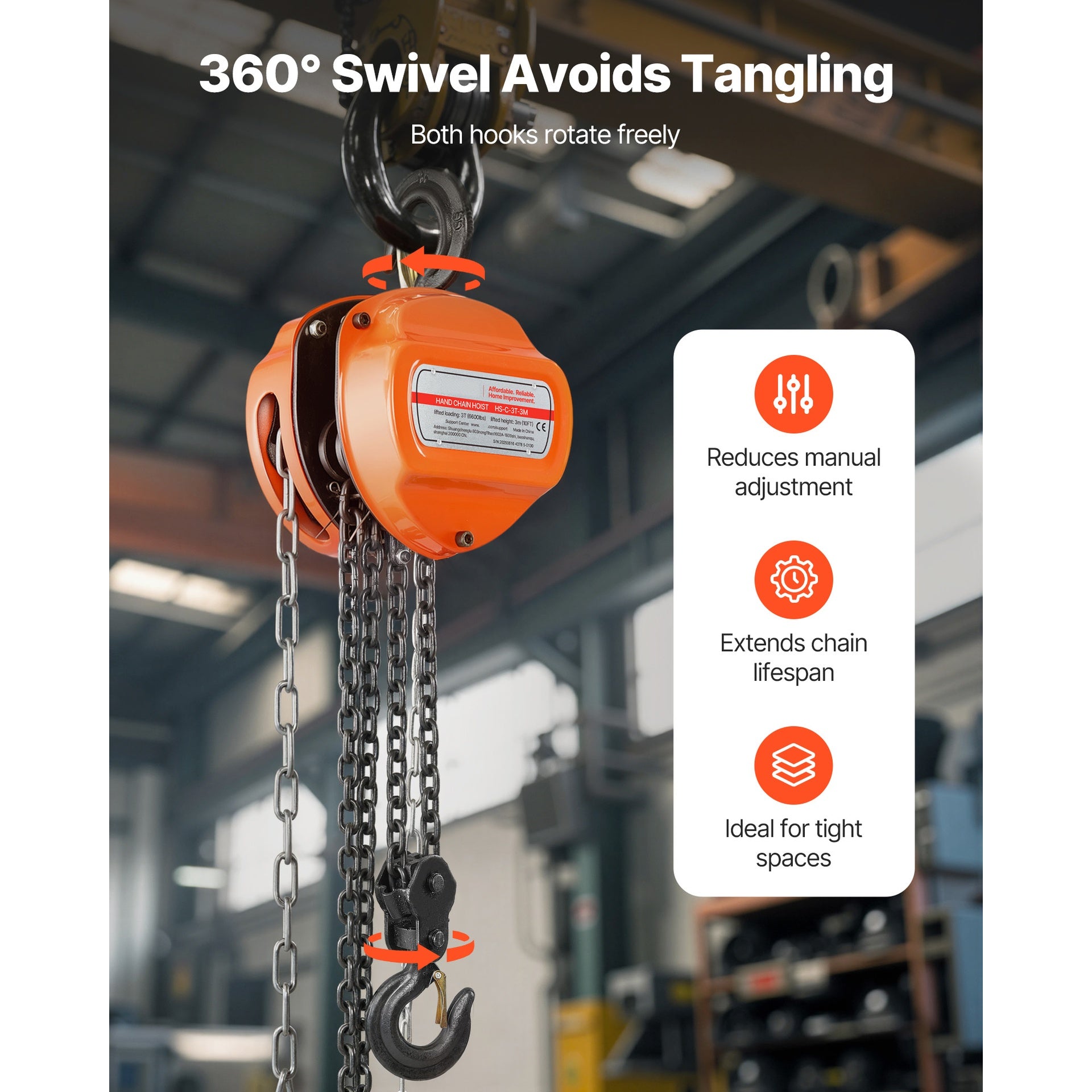 Hand Chain Hoist 6600 lbs Capacity 10 ft Manual Chain Block with G80 Chain
