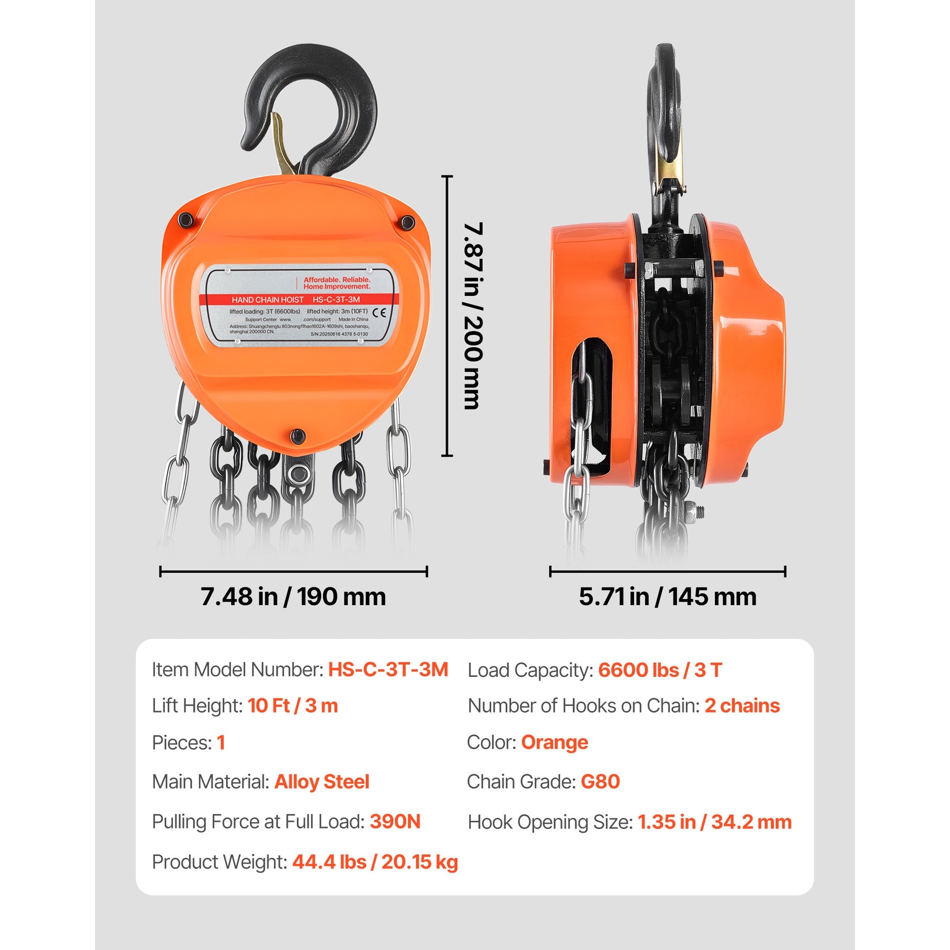 Hand Chain Hoist 6600 lbs Capacity 10 ft Manual Chain Block with G80 Chain